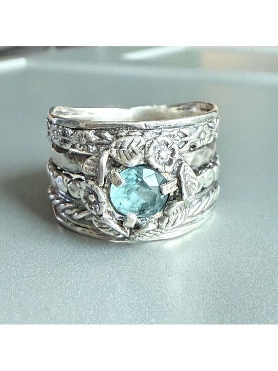 Jewelry - Aquamarine Floral Multiple Textured Detail Ornate Sterling Silver Wide B…